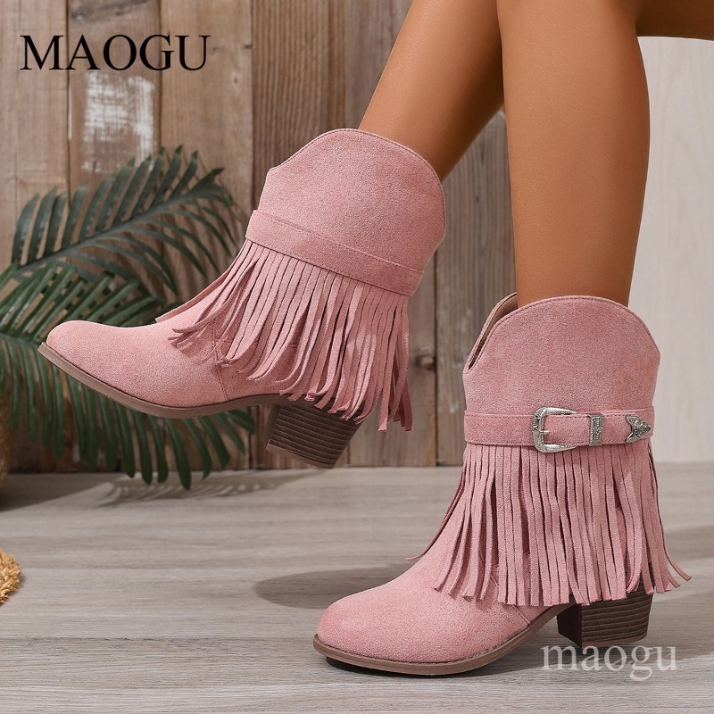 Ethnic Fabric - Dames Suède Cowboy Enkellaarzen met Franjes