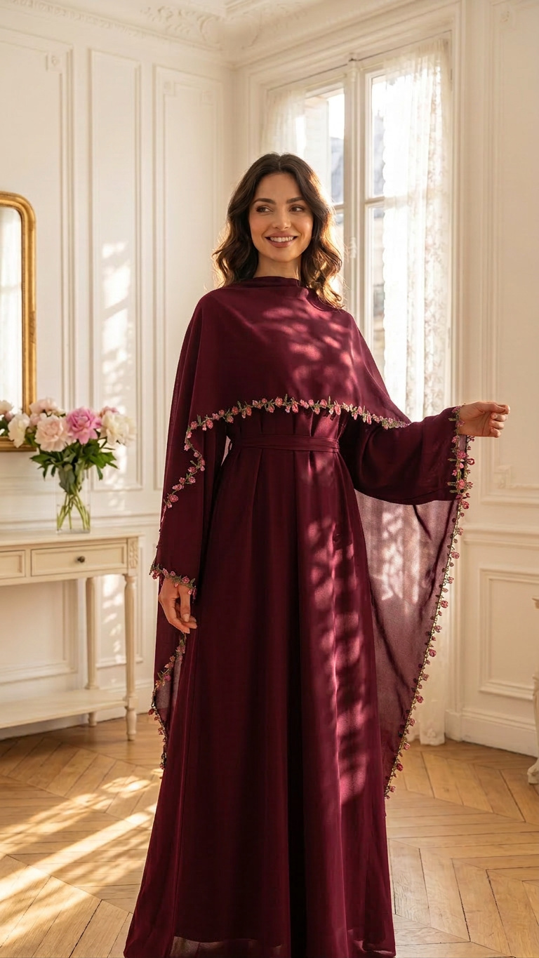 Abaya Modest Wear - Elegante roze kant-versierde Nida tweedelige Arabische