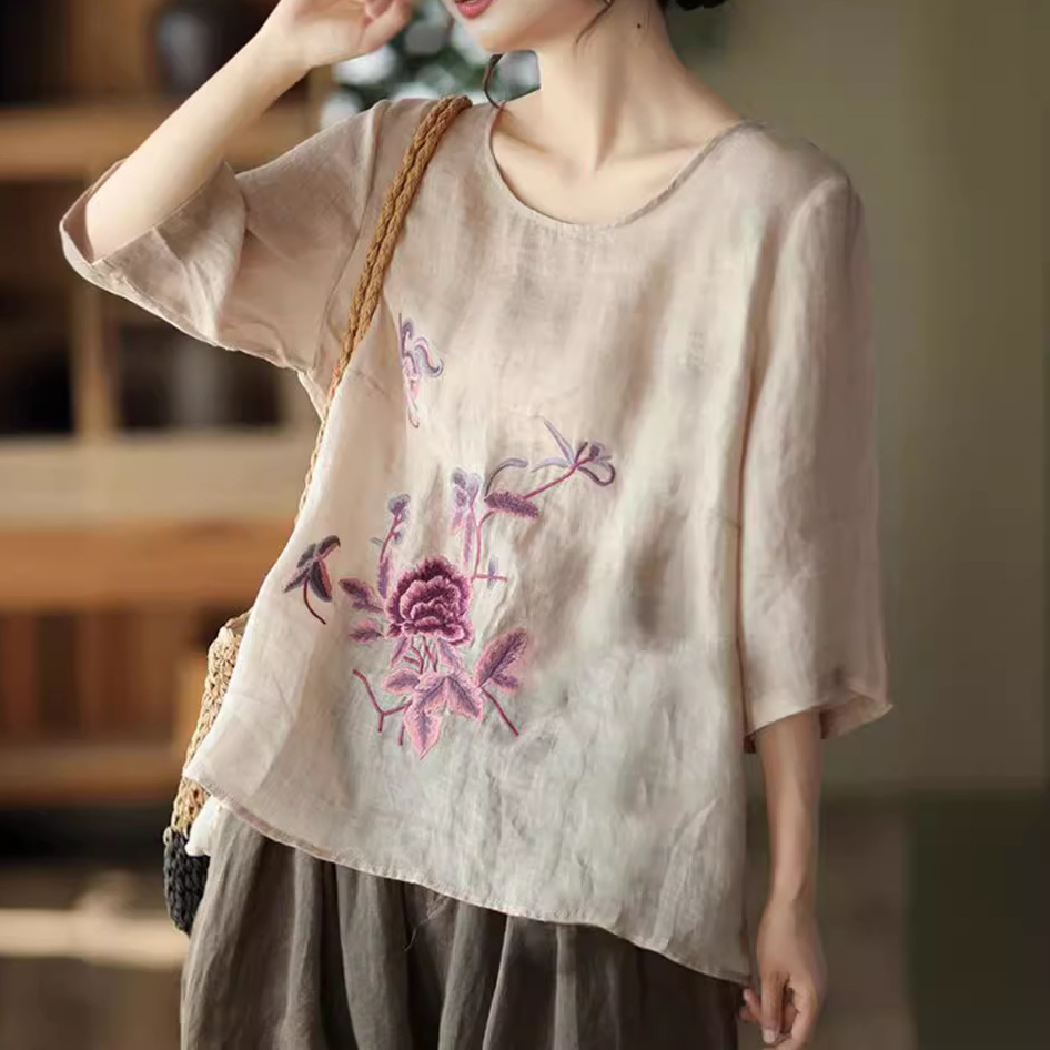 Ethnic Fabric - Plus Size Dames Zomer Retro Blouse